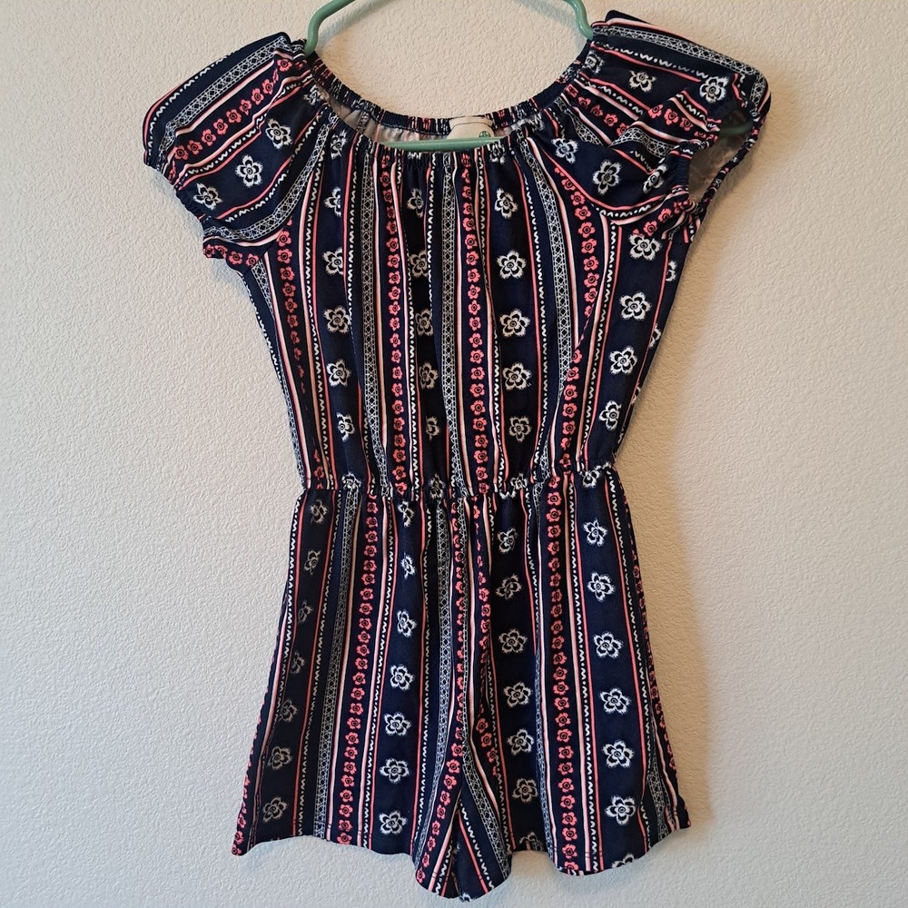 Lily Bleu Girls Navy Blue Floral Striped Romper Size 7 Pink White Boho Summer